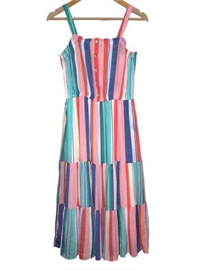 NWT Robert Louis dress multicolor vertical stripe blouson tiered midi medium